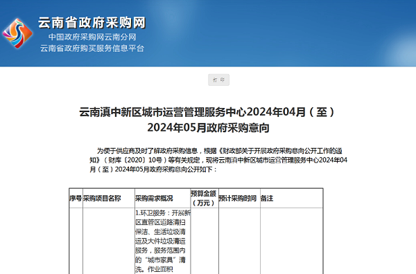 华体平台环保：云南滇中新区城市大管家项目计划于2024年5月招标