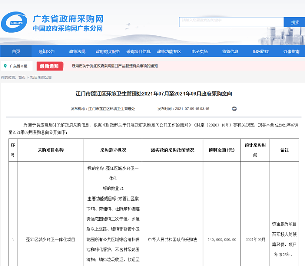 华体平台环保-年度第三个40亿+超级环卫项目公布采购意向1
