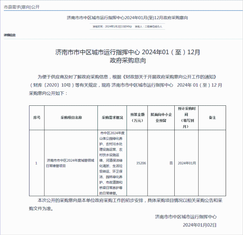 华体平台环保：济南市市中区2024年度城管领域日常维管项目